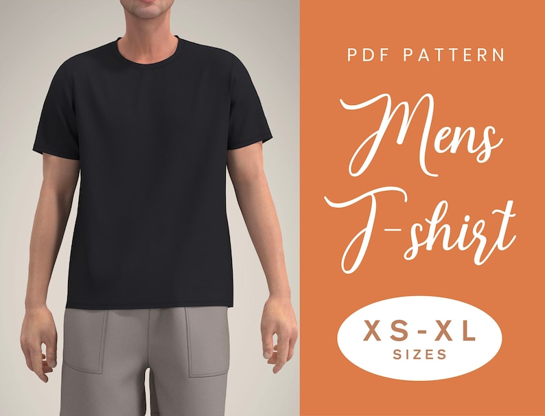 May include: PDF pattern for a T-shirt, with sizes XS-XL. The pattern is for a plain black T-shirt.