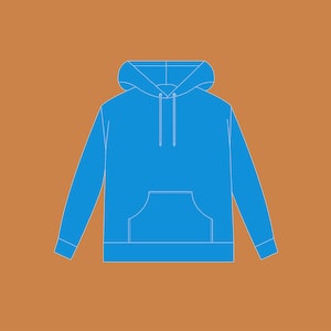May include: A blue hooded sweatshirt with a front pocket.