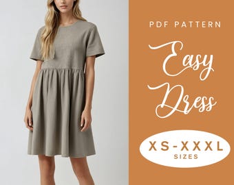 Wzór na sukienkę bawełnianą | XS-XXXL | Natychmiastowe pobranie | Łatwy plik PDF | Sukienka letnia z krótkim rękawem i marszczeniami | Spódnica z marszczeniami i kieszeniami | Sukienka letnia