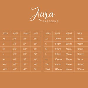 May include: Size chart for clothing with measurements in inches and centimeters. The chart shows sizes XS through XXXL with corresponding bust, waist, and hip measurements.