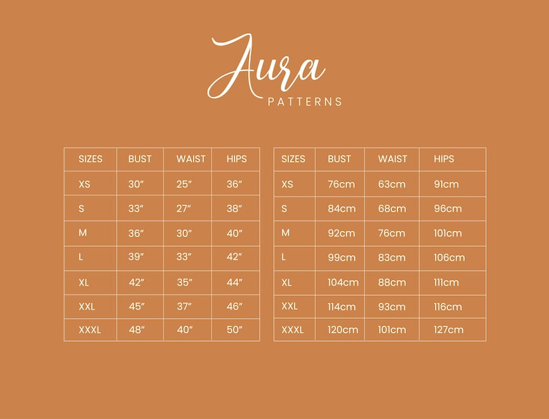 May include: Size chart for clothing with measurements in inches and centimeters. The chart shows sizes XS through XXXL with corresponding bust, waist, and hip measurements.