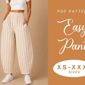 May include: Cream and beige striped trousers with a wide leg and elasticated waist. The trousers have pockets and are worn with white trainers. The image includes the text "Easy Pant" and size options.