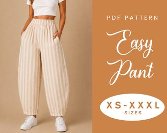 Barrel Leg Pant Sewing Pattern | XS-XXXL | Instant Download | Easy Digital PDF | Women's Elastic Wide Leg Trouser Linen Pockets Palazzo