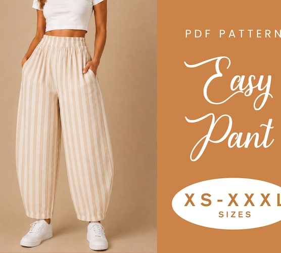Barrel Leg Pant Sewing Pattern — XS-XXXL Women's Elastic Wide Leg Trouser