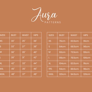 May include: A size chart for clothing with measurements in inches and centimeters. The chart shows bust, waist, and hip measurements for sizes XS through XXXL.