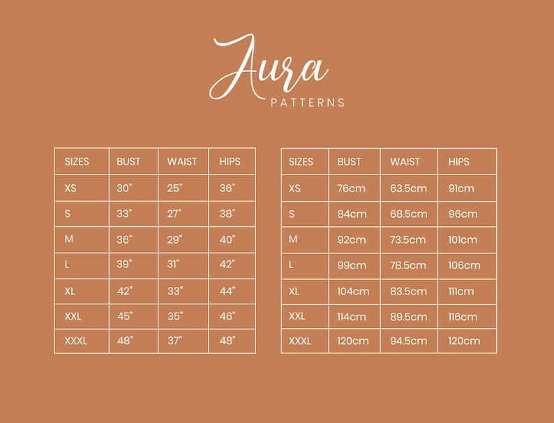 May include: A size chart for clothing with measurements in inches and centimeters. The chart shows bust, waist, and hip measurements for sizes XS through XXXL.