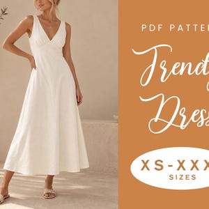 May include: A white sleeveless midi dress with a V-neckline and a fitted bodice that flares into a full skirt. The image includes text that reads PDF PATTERN Trendy Dress and XS-XXXL SIZES, indicating a digital sewing pattern for this garment.