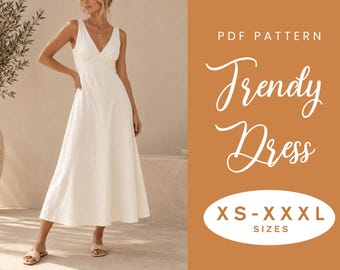 Wykrój sukienki lnianej | XS-XXXL | Natychmiastowe pobranie | Łatwy plik PDF | Letnia sukienka krojona ukośnie | Wykrój sukienki slip | Sukienka dla druhny