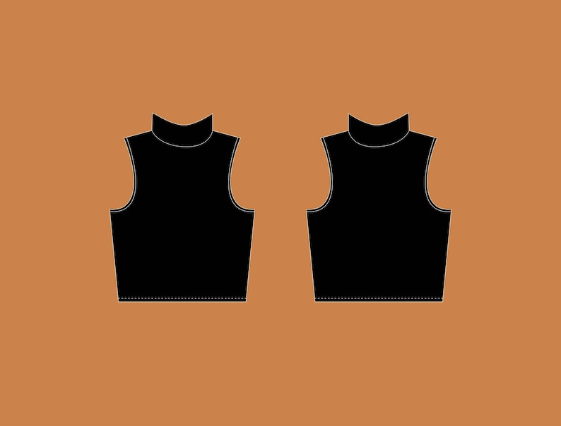 Puede incluir: Un top negro sin mangas con cuello alto y silueta ajustada. El top se muestra en vista frontal y posterior.