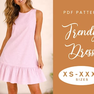 May include: A sleeveless pink dress with a frilled hem. The dress features a subtle striped pattern. Text on the right side reads "PDF Pattern" and "Trendy Dress" with size options "XS-XXXL".