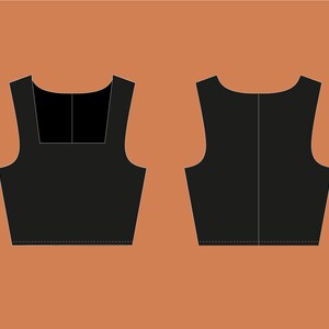 May include: A black sleeveless crop top with a square neckline. The top is shown from the front and back.