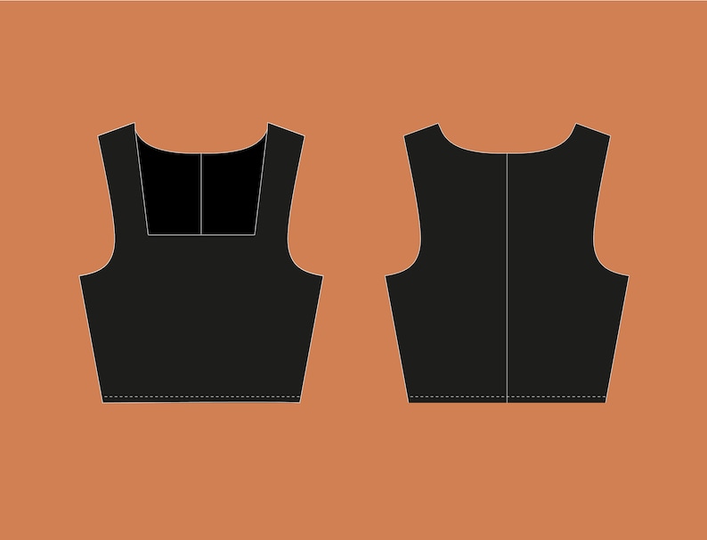 May include: A black sleeveless crop top with a square neckline. The top is shown from the front and back.