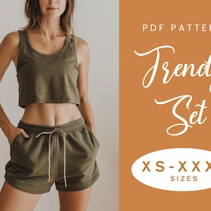 Top + Shorts Sewing Pattern | XS-XXXL | Instant Download | Easy Digital PDF | Women&#39;s Elastic Shorts and Cute Crop Top Set | Gym Loungewear