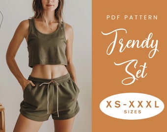Patrón de costura de top y shorts / XS-XXXL / Descarga instantánea / PDF digital fácil / Conjunto de shorts elásticos y top corto para mujer / Ropa deportiva para estar en casa