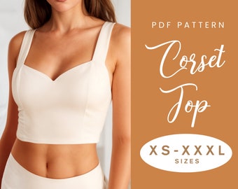 Patrón de costura superior de corsé / XS-XXXL / Descarga instantánea / PDF digital fácil / Top corto de mujer / Top con cordones de verano Escote corazón