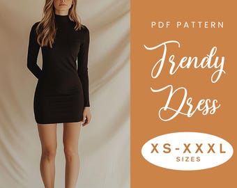 Wykrój sukienki z golfem Top | XS-XXXL | Natychmiastowe pobranie | Łatwy cyfrowy plik PDF | Dopasowana sukienka z rozciągliwym rękawem Przytulna stylowa