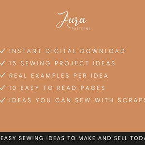 May include: A digital download of 15 easy sewing project ideas with real examples and 10 pages of instructions.  The text reads "INSTANT DIGITAL DOWNLOAD", "15 SEWING PROJECT IDEAS", "REAL EXAMPLES PER IDEA", "10 EASY TO READ PAGES", "IDEAS YOU CAN SEW WITH SCRAPS", and "15 EASY SEWING IDEAS TO MAKE AND SELL TODAY".