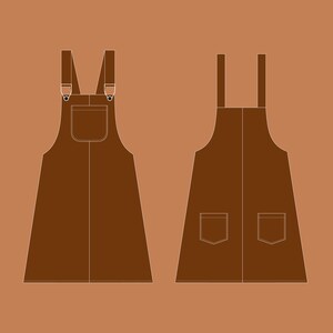 K&ouml;nnte beinhalten: Ein braunes Latzkleid mit zwei Taschen und verstellbaren Tr&auml;gern. Das Kleid hat einen geraden Rock und ein tailliertes Oberteil.