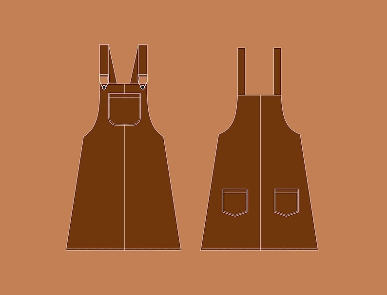 K&ouml;nnte beinhalten: Ein braunes Latzkleid mit zwei Taschen und verstellbaren Tr&auml;gern. Das Kleid hat einen geraden Rock und ein tailliertes Oberteil.