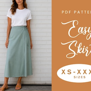 Op de afbeelding: Een saliegroene wikkelrok met een striksluiting aan de zijkant, gecombineerd met een effen wit t-shirt. De afbeelding bevat de tekst PDF PATTERN Easy Skirt en XS-XXXL SIZES, weergegeven op een effen oranje achtergrond naast het kledingstuk.