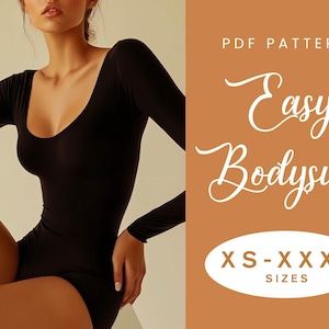 Könnte beinhalten: PDF-Schnittmuster für einen einfachen Body, erhältlich in den Größen XS-XXXL. Das Schnittmuster wird an einem Modell gezeigt, das einen schwarzen Body trägt.