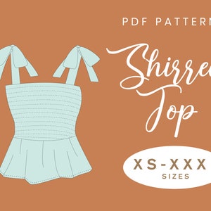 Shirred Summer Top Sewing Pattern | XS-XXXL | Instant Download | Easy Digital PDF | Smocked Peplum Crop Top Tie Straps