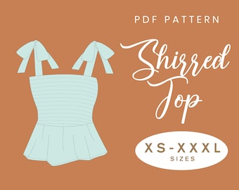 Shirred Summer Top Sewing Pattern | XS-XXXL | Instant Download | Easy Digital PDF | Smocked Peplum Crop Top Tie Straps