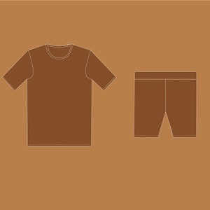 May include: A brown t-shirt and shorts set. The t-shirt has short sleeves and a crew neck. The shorts are knee-length.