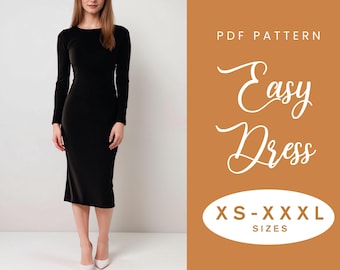 May include: PDF sewing pattern for an easy dress. The pattern includes sizes XS-XXXXL. The image shows a woman wearing a black velvet dress.