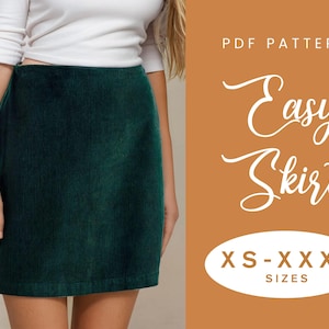 May include: PDF pattern for an easy skirt in sizes XS-XXXXL. The pattern is for a green corduroy skirt.