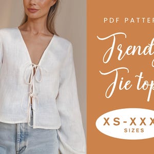 Blouse Tie Top Sewing Pattern | XS-XXXL | Instant Download | Easy Digital PDF | Women&#39;s Blouse | Loose Top Pattern Summer Shirt