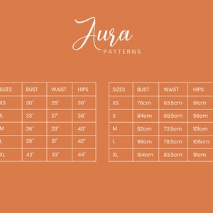 May include: Size chart for clothing with measurements in inches and centimeters. The chart shows sizes XS, S, M, L, and XL with corresponding bust, waist, and hip measurements.