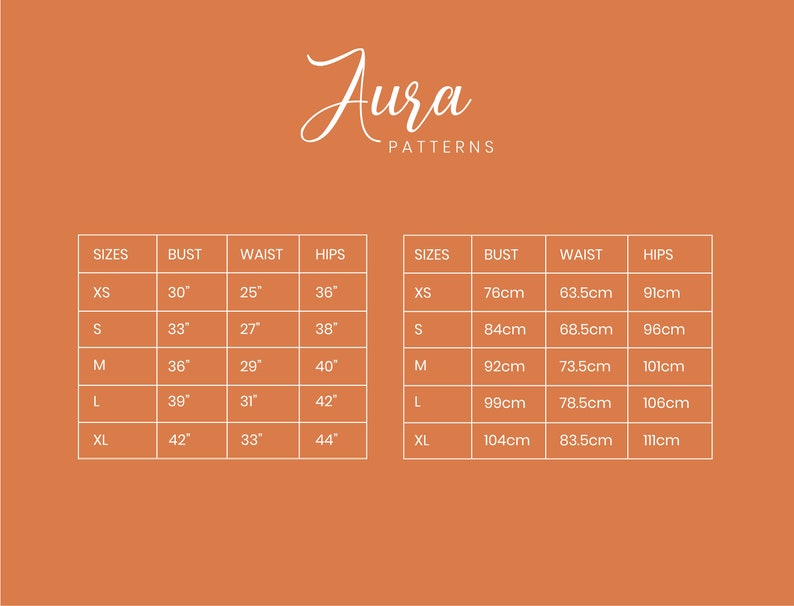 May include: Size chart for clothing with measurements in inches and centimeters. The chart shows sizes XS, S, M, L, and XL with corresponding bust, waist, and hip measurements.