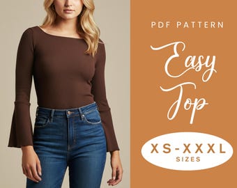 Flare Sleeve Top Sewing Pattern | XS-XXXL | Instant Download | Easy Digital PDF | Fitted Stretch Long Bell Sleeved T-shirt