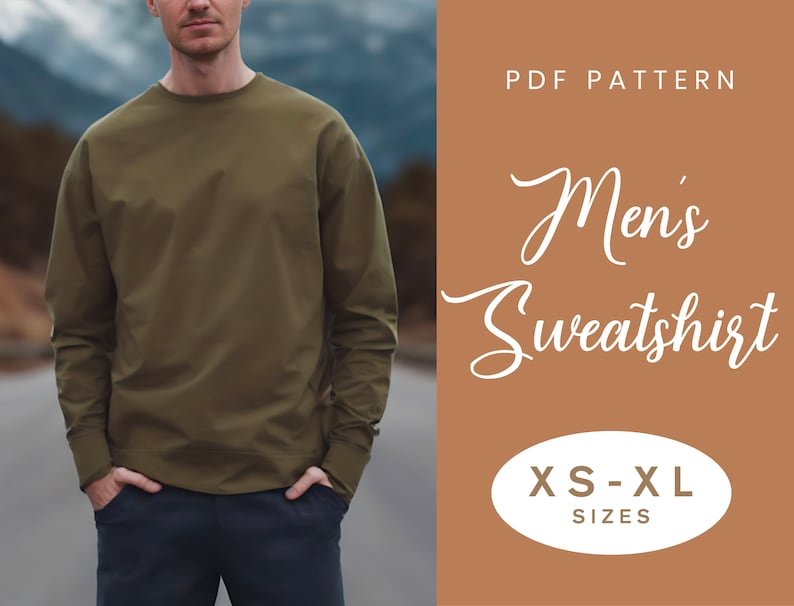 Puede incluir: Patr&oacute;n PDF para una sudadera de hombre en tallas XS-XL. El patr&oacute;n se muestra en un modelo que lleva una sudadera verde.