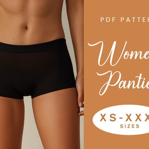 May include: PDF pattern for women's panties in sizes XS-XXXXL. The pattern is for a pair of black, seamless underwear.