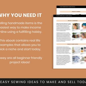 May include: A book cover with the title "15 Easy Sewing Ideas to Make and Sell Today". The cover features a blurred image of a headband with a floral pattern.