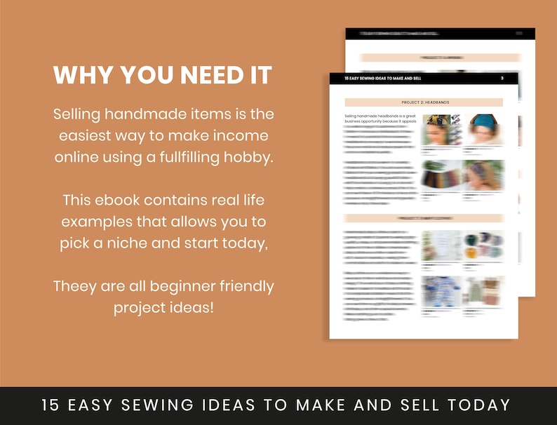 May include: A book cover with the title "15 Easy Sewing Ideas to Make and Sell Today". The cover features a blurred image of a headband with a floral pattern.