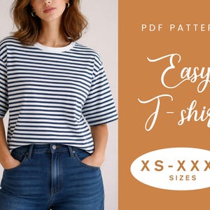 May include: A white and navy blue striped t-shirt with a round neck and short sleeves. The image also includes the text "PDF PATTERN Easy T-shirt" and "XS-XXXL SIZES". The model is wearing blue jeans.