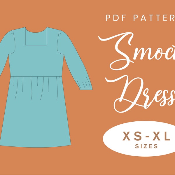 Smock Dress Sewing Pattern Square Neckline  | Gathered Skirt | XS-XL | Instant Download | Easy Digital PDF