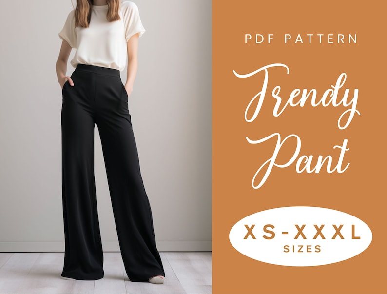 Modèle de couture de pantalon XS-XXXL Téléchargement instantané PDF numérique facile Pantalon élastique femme ample style tendance poches image 1