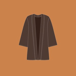 May include: A brown, open-front kimono-style jacket with three-quarter sleeves. The garment has a simple design with visible stitching along the seams. The background is a solid orange color.