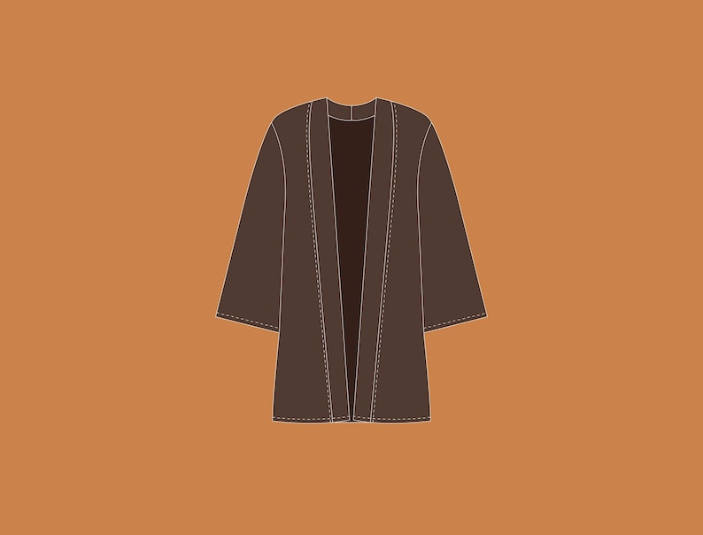 May include: A brown, open-front kimono-style jacket with three-quarter sleeves. The garment has a simple design with visible stitching along the seams. The background is a solid orange color.