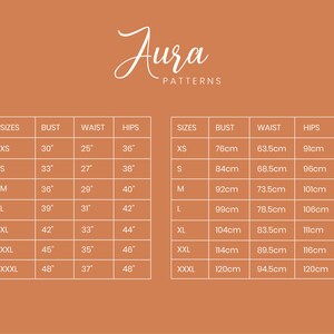 May include: A size chart for clothing with measurements in inches and centimeters. The chart shows bust, waist, and hip measurements for sizes XS through XXXL.