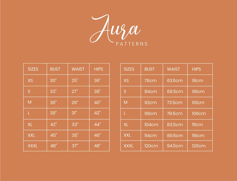 May include: A size chart for clothing with measurements in inches and centimeters. The chart shows bust, waist, and hip measurements for sizes XS through XXXL.