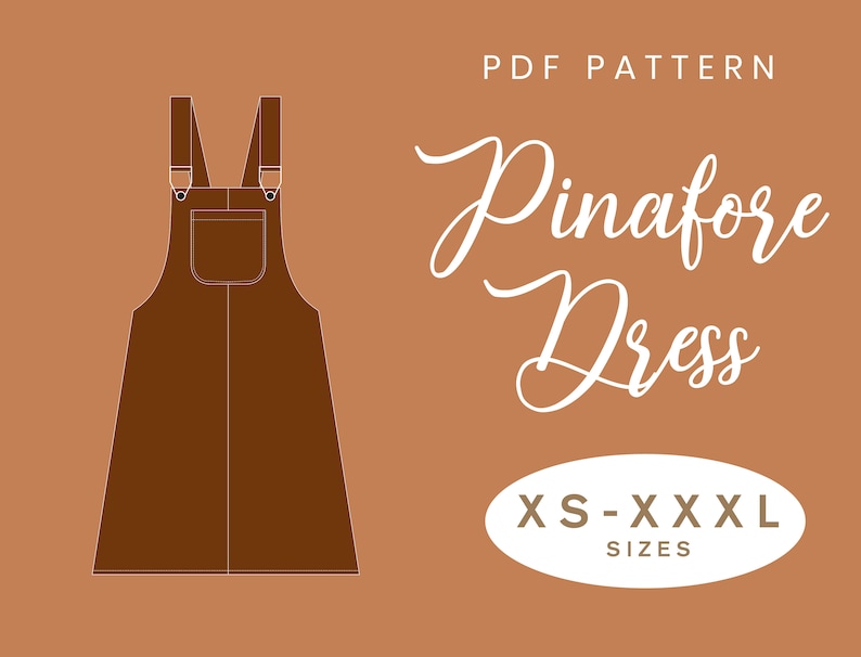 K&ouml;nnte beinhalten: PDF-Schnittmuster f&uuml;r ein braunes Latzkleid. Das Schnittmuster umfasst die Gr&ouml;&szlig;en XS-XXXL.  PDF PATTERN Pinafore Dress XS-XXXL SIZES