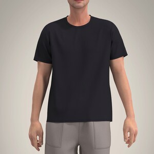 May include: A black short-sleeved t-shirt with a crew neck.