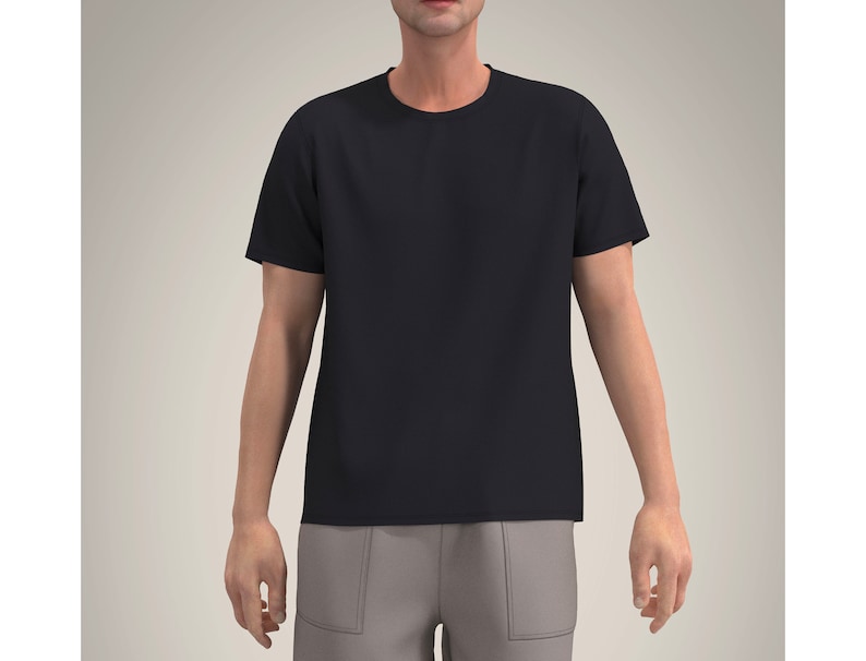 May include: A black short-sleeved t-shirt with a crew neck.