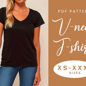 V Neck T Shirt Women&#39;s Sewing Pattern | XS-XXXL | Instant Download | Easy Digital PDF | V Neckline Short Sleeve Top Blouse