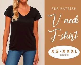 V-Ausschnitt T-Shirt Damen Schnittmuster | XS-XXXL | Sofortdownload | Einfach Digitales PDF | V-Ausschnitt Kurzarm Top Bluse